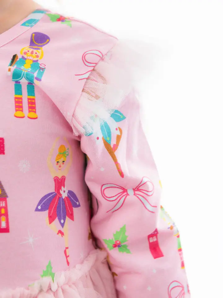 Girls Sugarplum Dreams Flutter Tulle Long Sleeve Twirl Dress - Brazos Avenue Market 