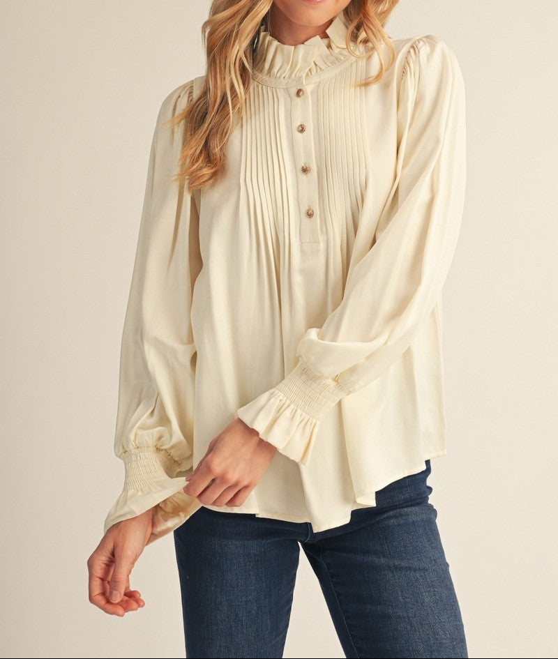 Ruffle & Pleat Detail Bishop Sleeves Satin Blouse
