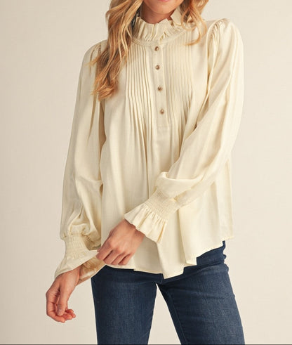 Ruffle & Pleat Detail Bishop Sleeves Satin Blouse
