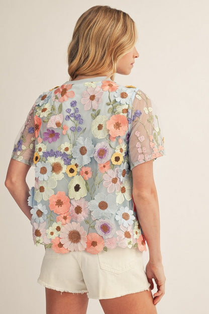 3d Floral Applique Sheer Mesh Layered Top
