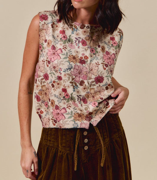 Floral Print Button Front Sweater Vest Top - Brazos Avenue Market 