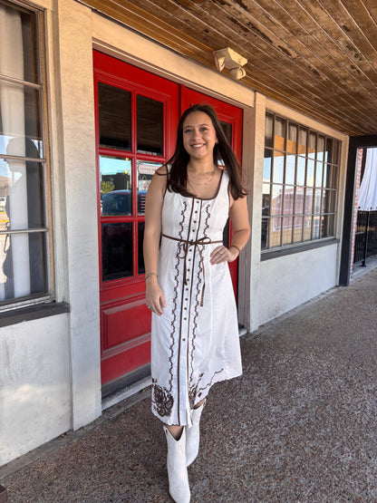 Sleeveless Midi Dress With Brown Embroidery - Brazos Avenue Market 