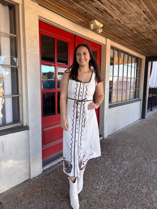 Sleeveless Midi Dress With Brown Embroidery - Brazos Avenue Market 