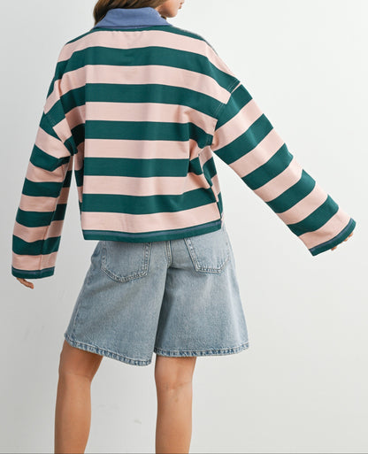 Striped Quarter-Zip Contrast Collar Sweatshirt