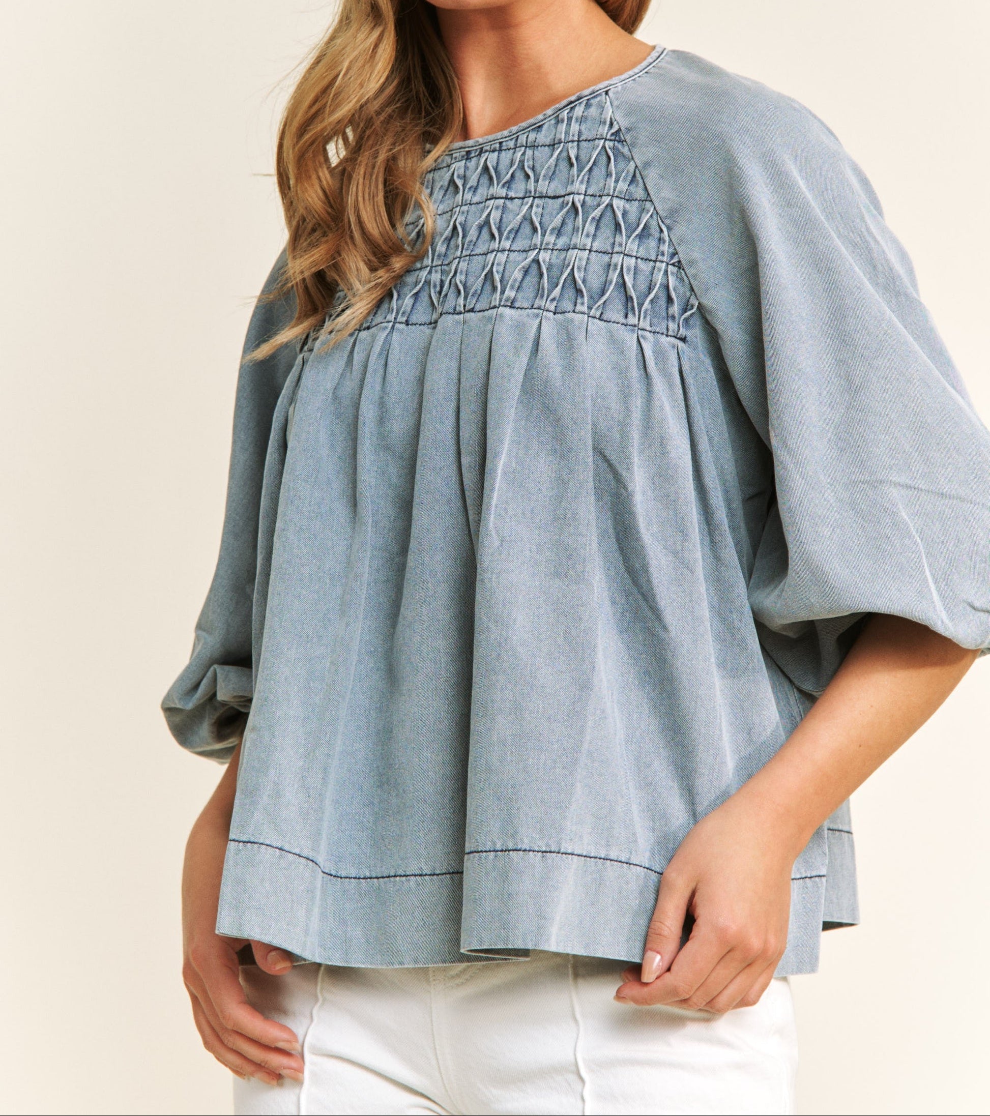 Babydoll Denim Top With Puff Sleeves - Brazos Avenue Market 