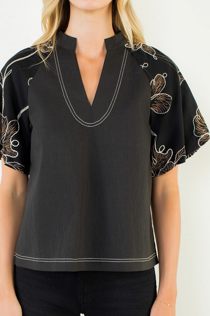 Puff Sleeve With Embroidery Detail Top