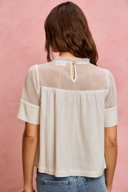 Linen Blend Lace Trim Short Sleeves Blouse Top - Brazos Avenue Market 