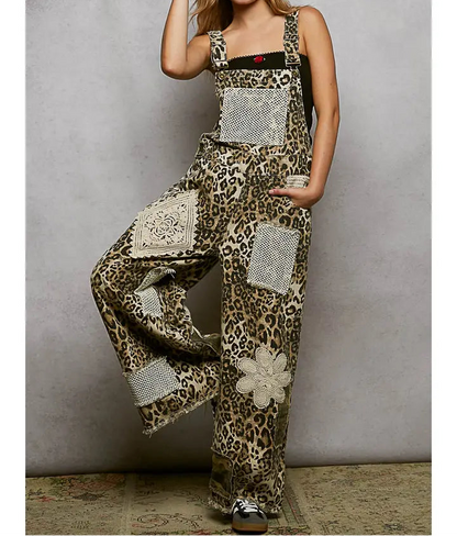 Crochet Contrast Patch Detail Chest Pocket Woven Overalls