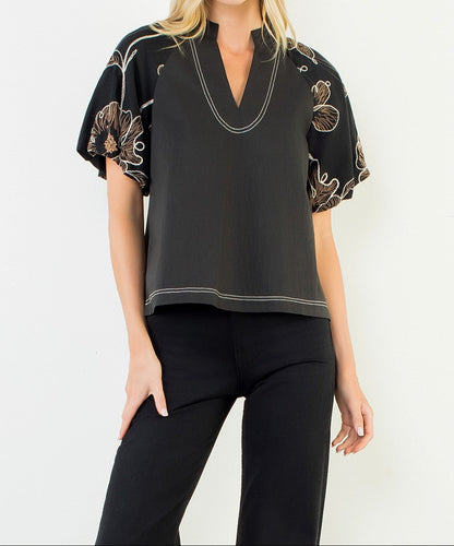Puff Sleeve With Embroidery Detail Top