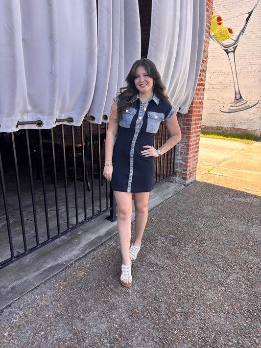Navy & Denim Fitted Mini Dress - Brazos Avenue Market 