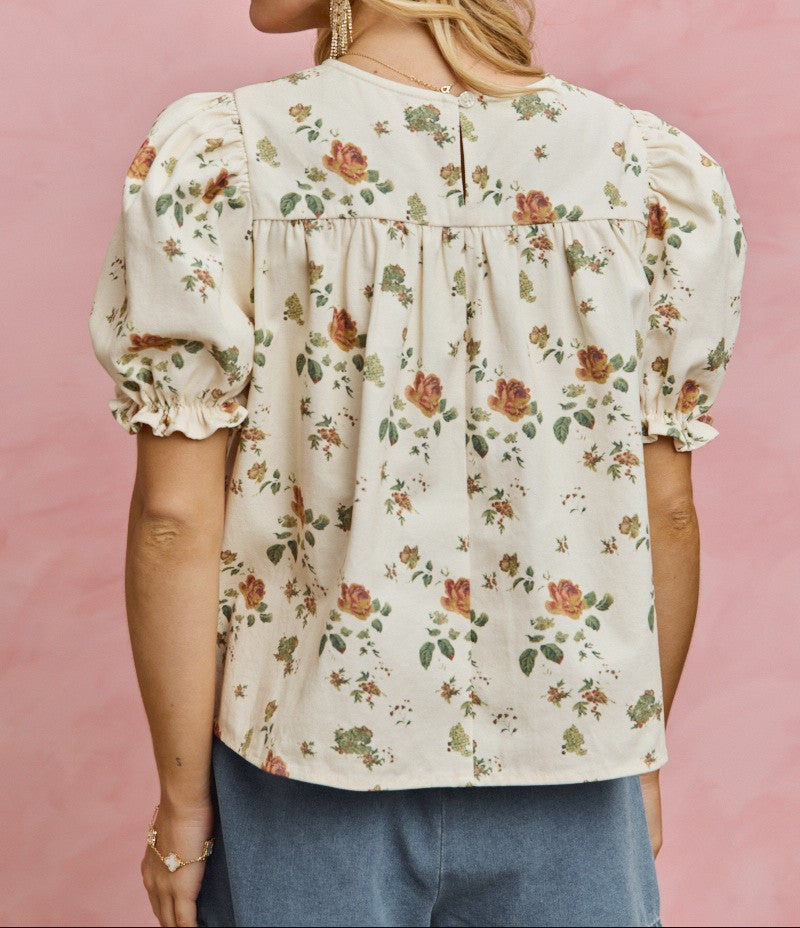 Floral Rose Print Denim Short Sleeves Top