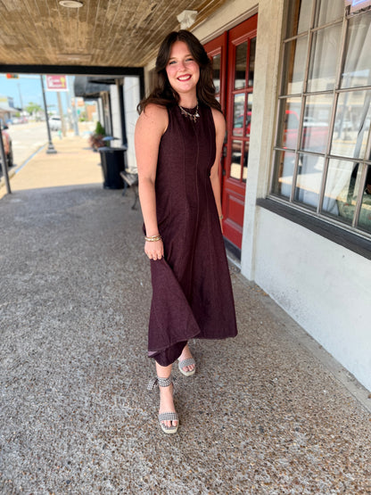 Burgundy Sleeveless A-Line Midi Dress