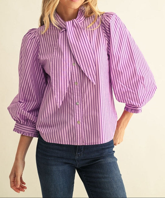 Tie Neck Detail Button Down Stripe Top
