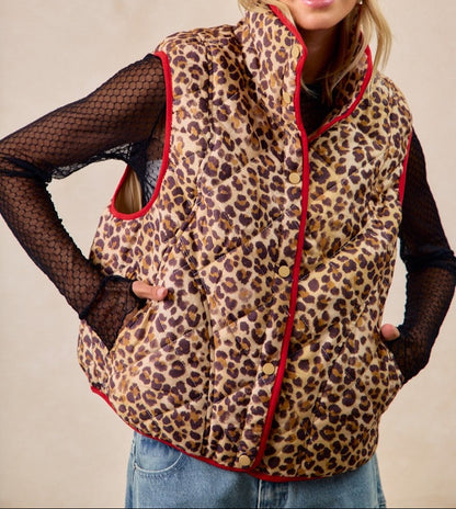 Leopard Print Piping Detail Quilted Vest - Brazos Avenue Market 