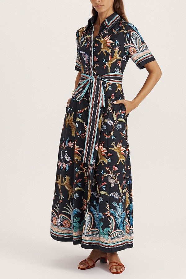 Printed Short Sleeve Midi Shirt Dress