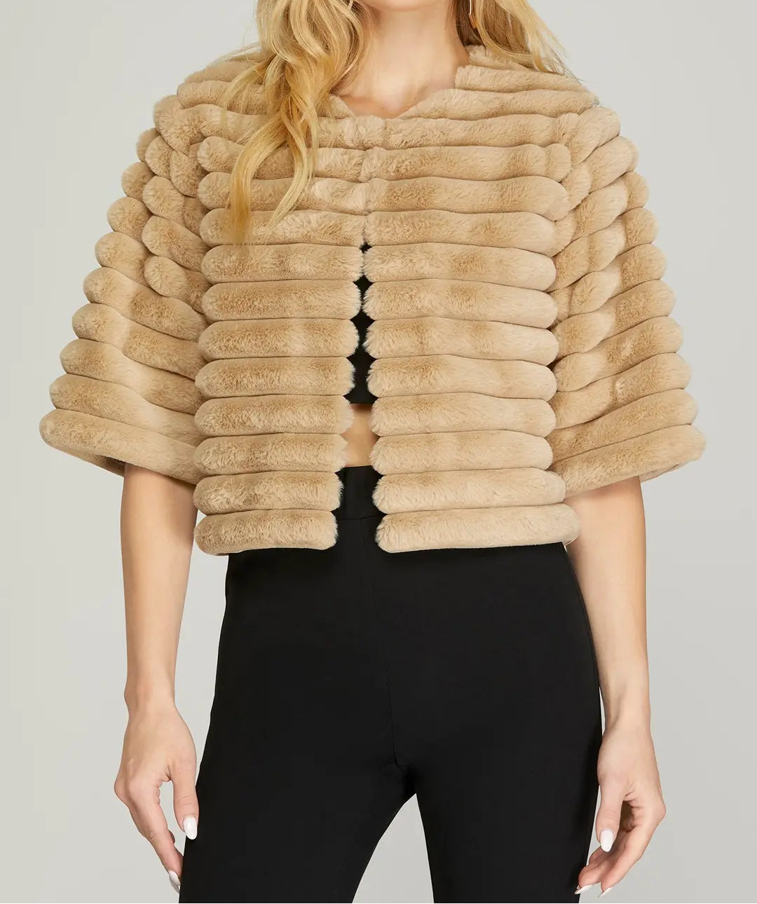 Half Sleeve Faux Fur Cropped Jacket - Brazos Avenue Market 