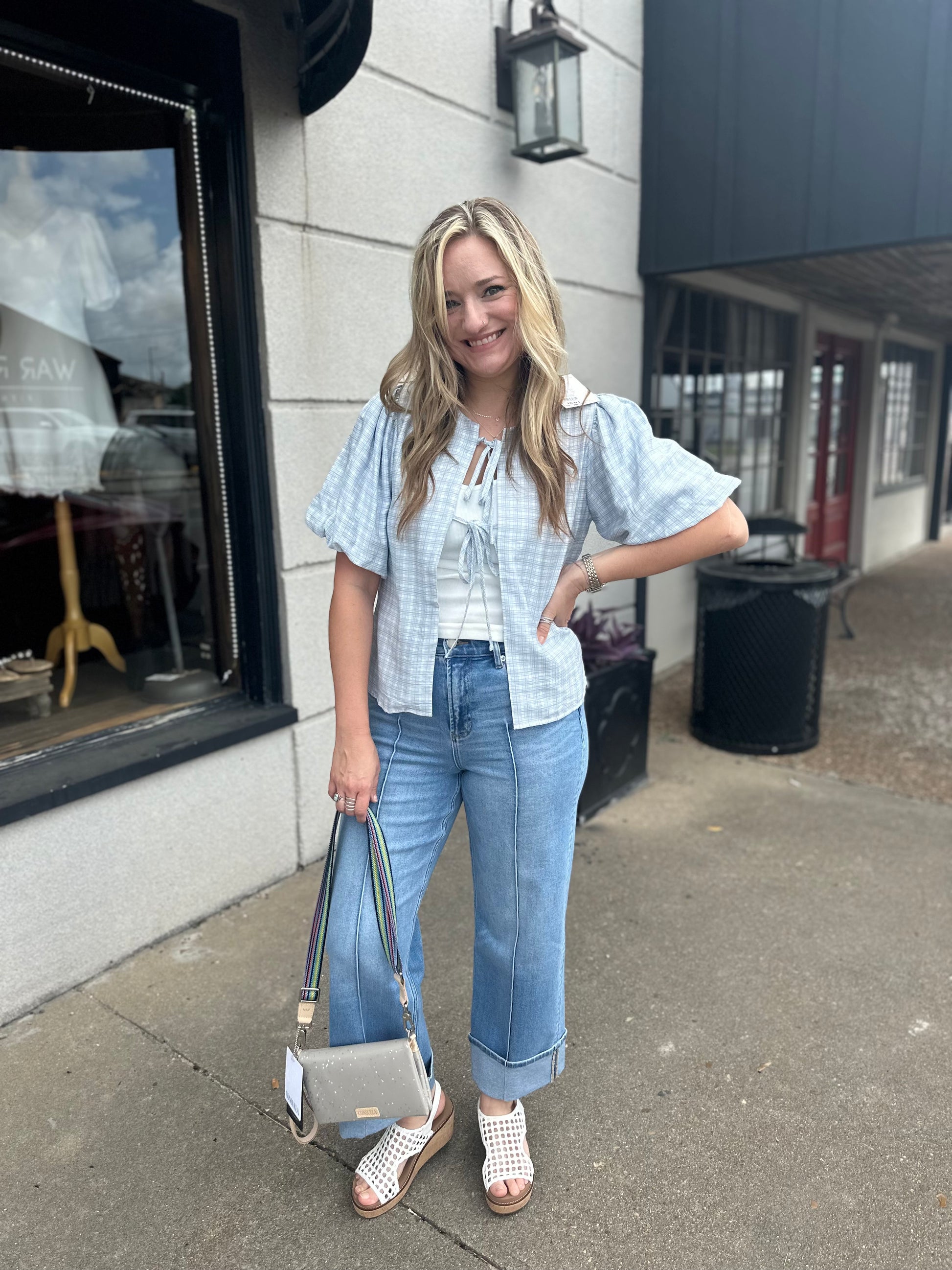 Light Blue Short Sleeve Tie Top - Brazos Avenue Market 