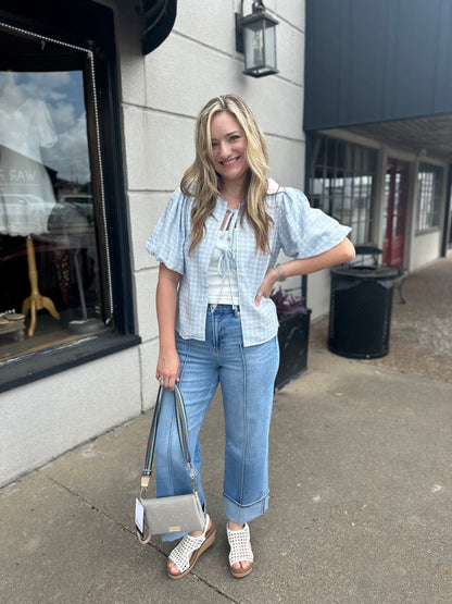 Light Blue Short Sleeve Tie Top - Brazos Avenue Market 