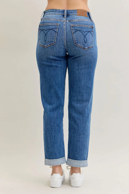 Judy Blue Mid Rise Classic Cuffed Boyfriend Denim Jeans - Brazos Avenue Market 