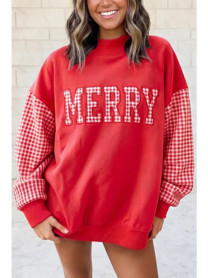 Holiday Gingham Plaid Oversized Pullover Sweatshirt