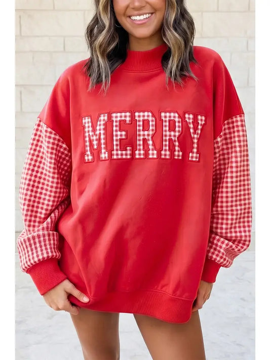 Holiday Gingham Plaid Oversized Pullover Sweatshirt