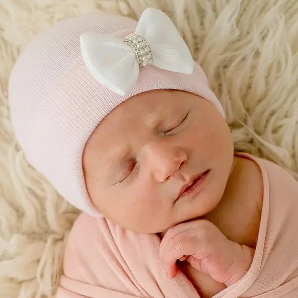 ILYBEAN Pink with White Bow Rhinestones Hospital Hat