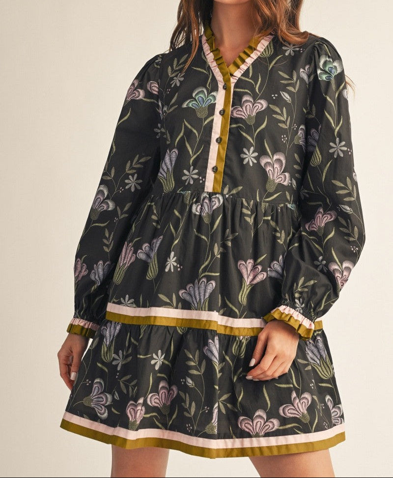 Color Contrast Detail Floral Tiered Dress