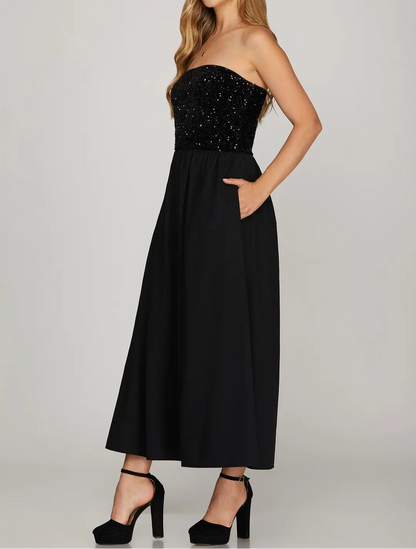 Black Sequin Tube Maxi Dress
