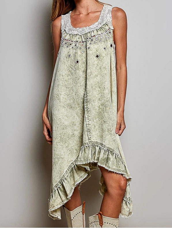 Crochet Patch Sleeveless Solid Crafted Denim Casual Dress L