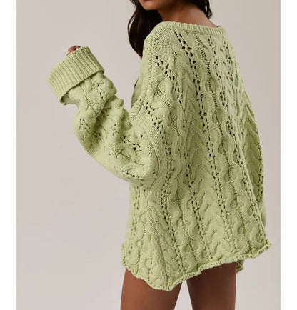 Cable Knit Pointelle Henley Oversized Sweater - Brazos Avenue Market 