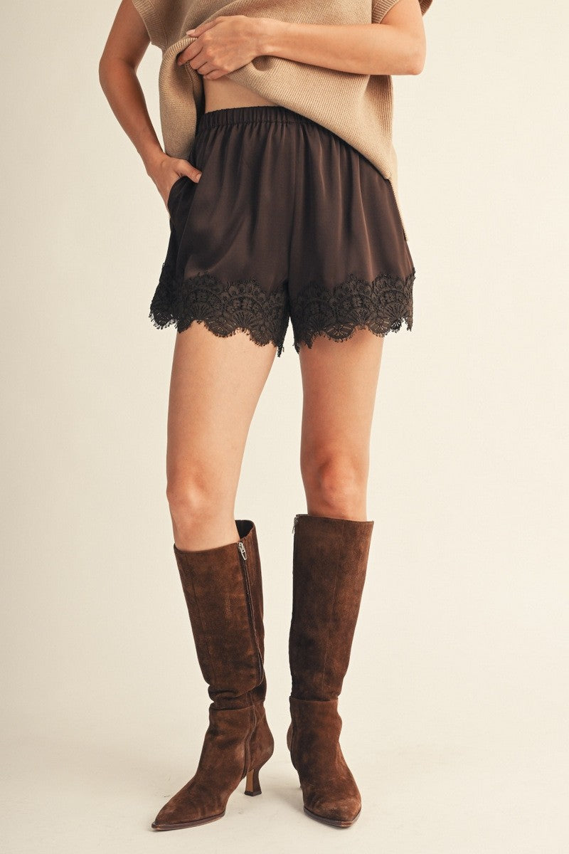 Lace Trim Detail Satin Shorts