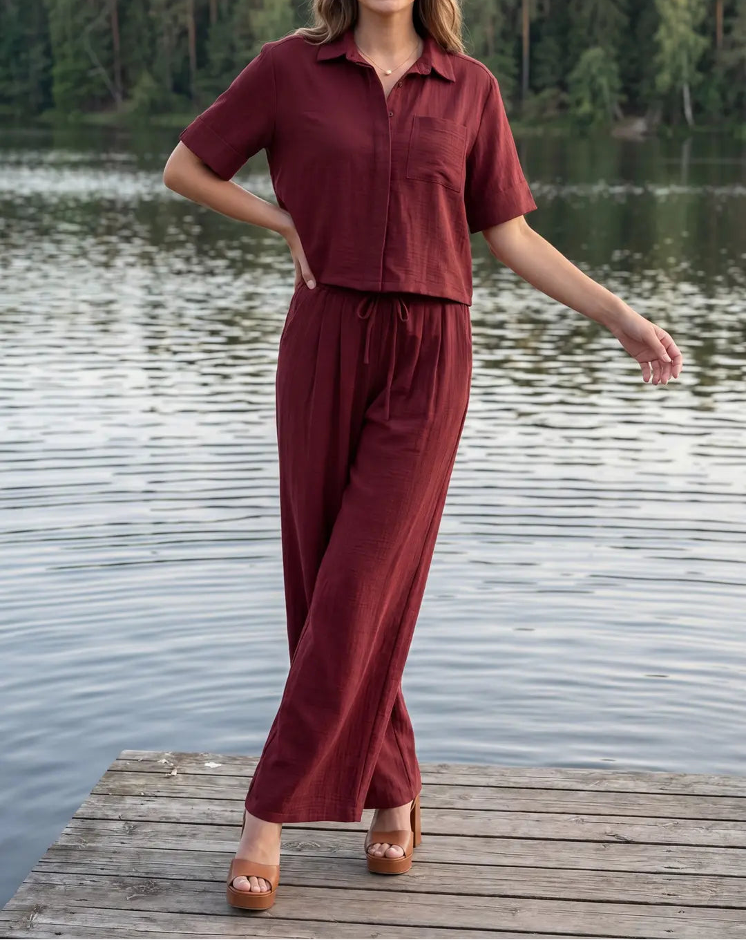 Burgundy Short Sleeve Pant Set