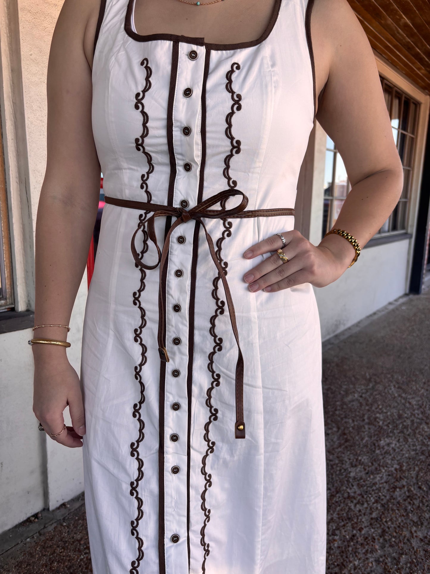 Sleeveless Midi Dress With Brown Embroidery - Brazos Avenue Market 