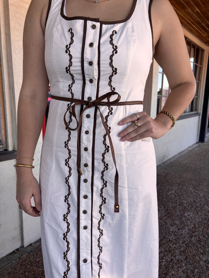 Sleeveless Midi Dress With Brown Embroidery - Brazos Avenue Market 