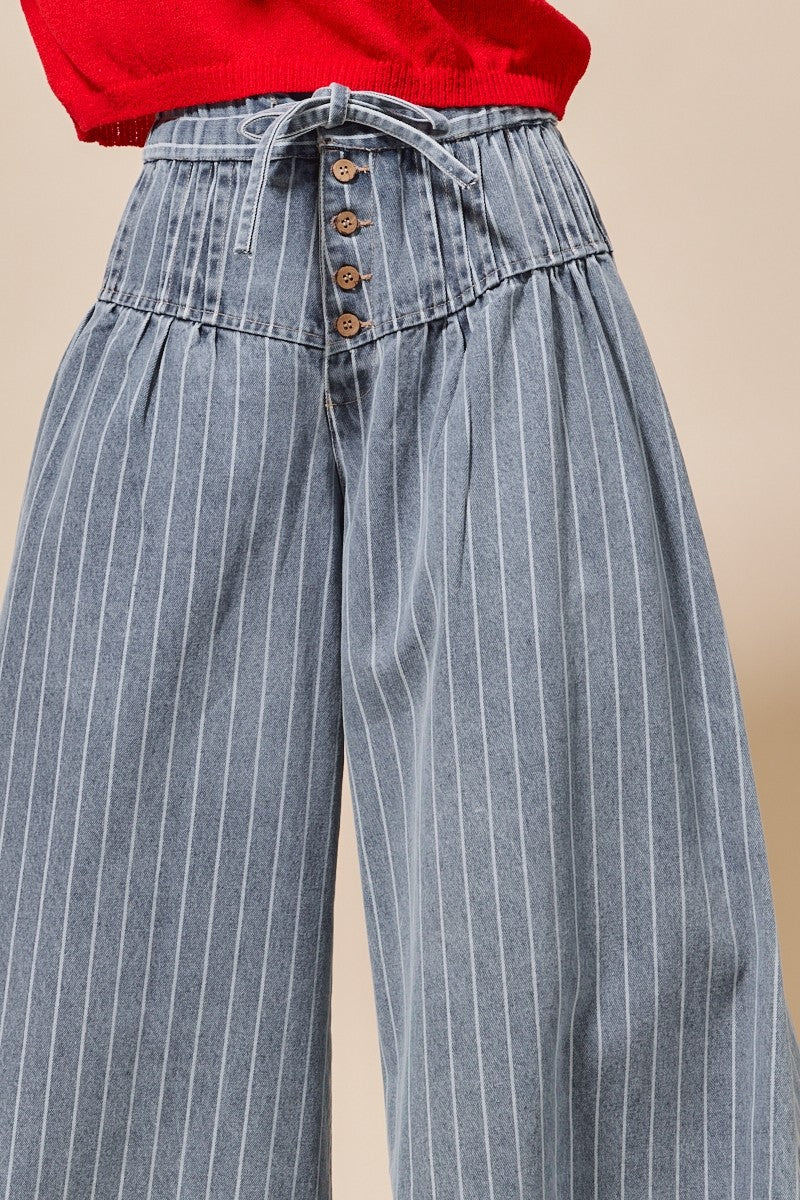 Stripe Denim Wide Leg Jeans With Button Closure - Brazos Avenue Market 