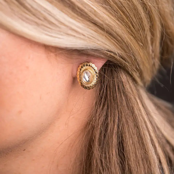 Gold Flower Stamped Concho Earring with Rhinestone - Brazos Avenue Market 