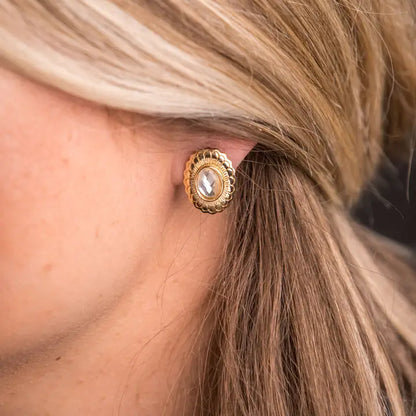 Gold Flower Stamped Concho Earring with Rhinestone - Brazos Avenue Market 