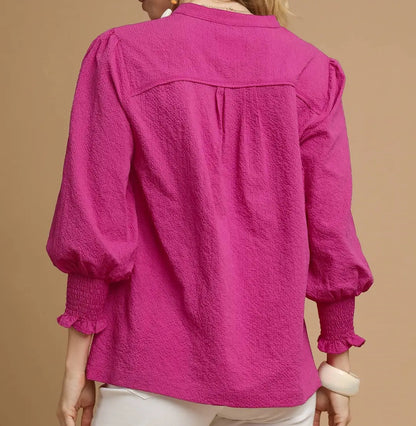 Textured V-Neck Blouse with Smocked Cuffs - Brazos Avenue Market 