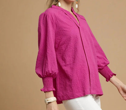 Textured V-Neck Blouse with Smocked Cuffs - Brazos Avenue Market 