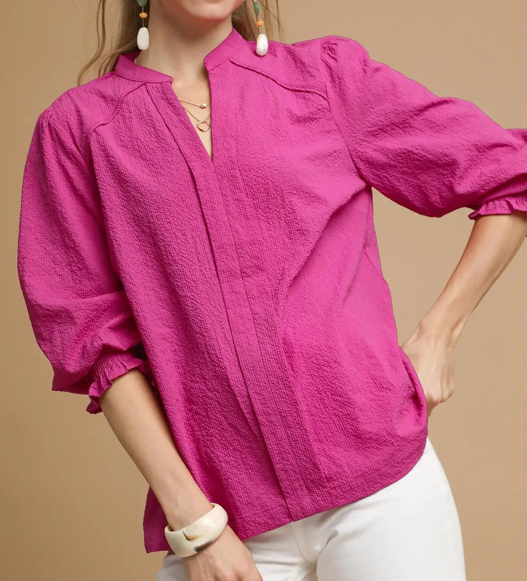 Textured V-Neck Blouse with Smocked Cuffs - Brazos Avenue Market 
