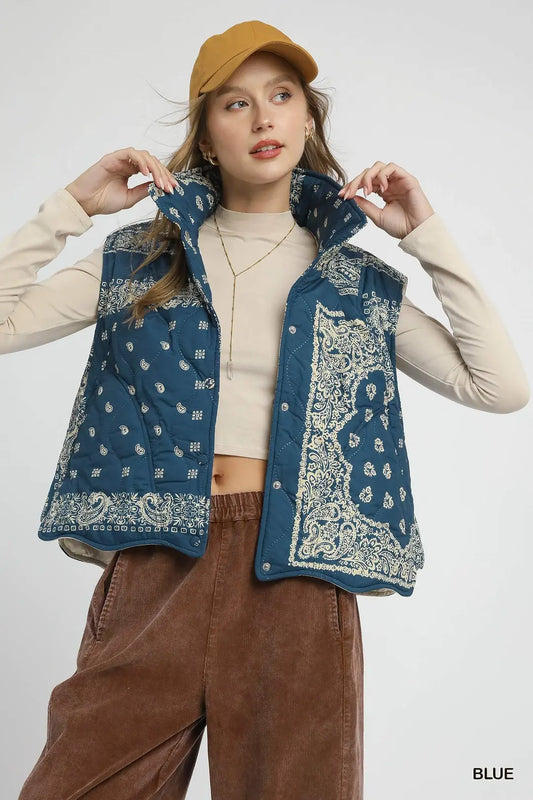 Bandana Print Quilted Puffer Vest - Brazos Avenue Market 