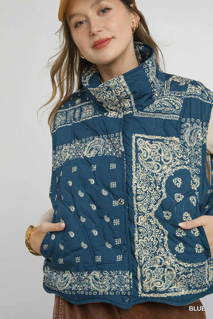 Bandana Print Quilted Puffer Vest