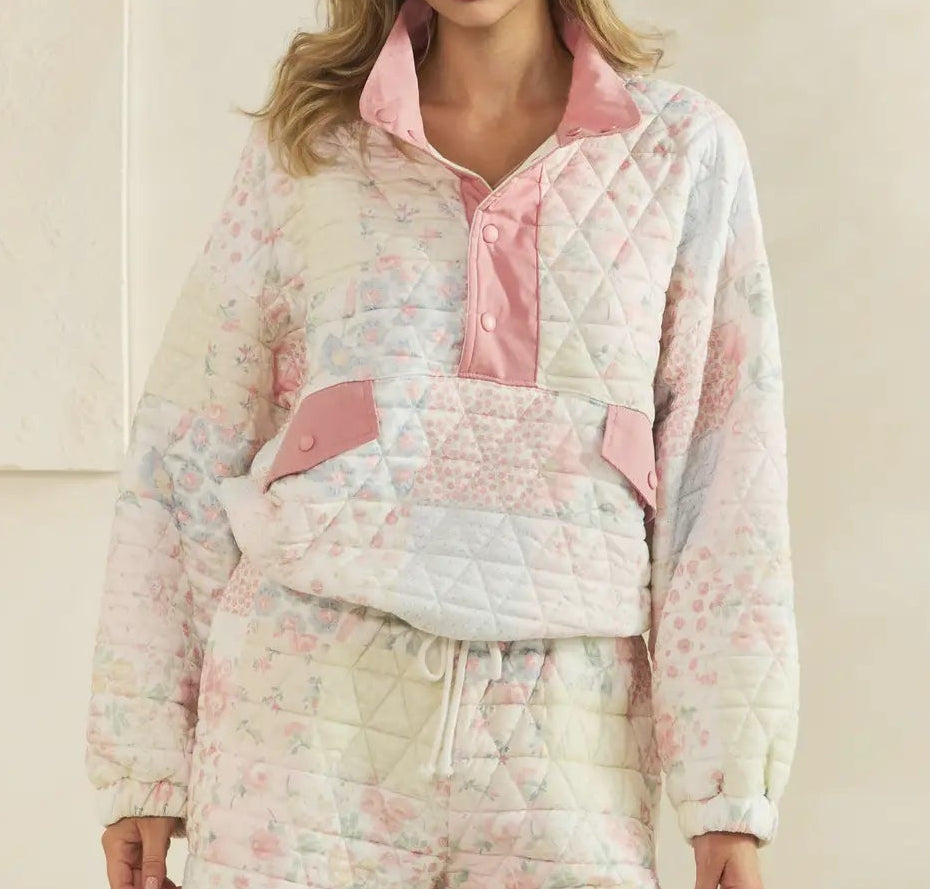 Textured Contrast Printed Quarterzip Sweater