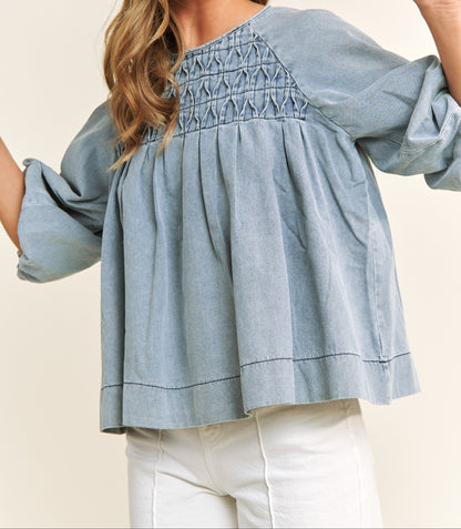 Babydoll Denim Top With Puff Sleeves - Brazos Avenue Market 