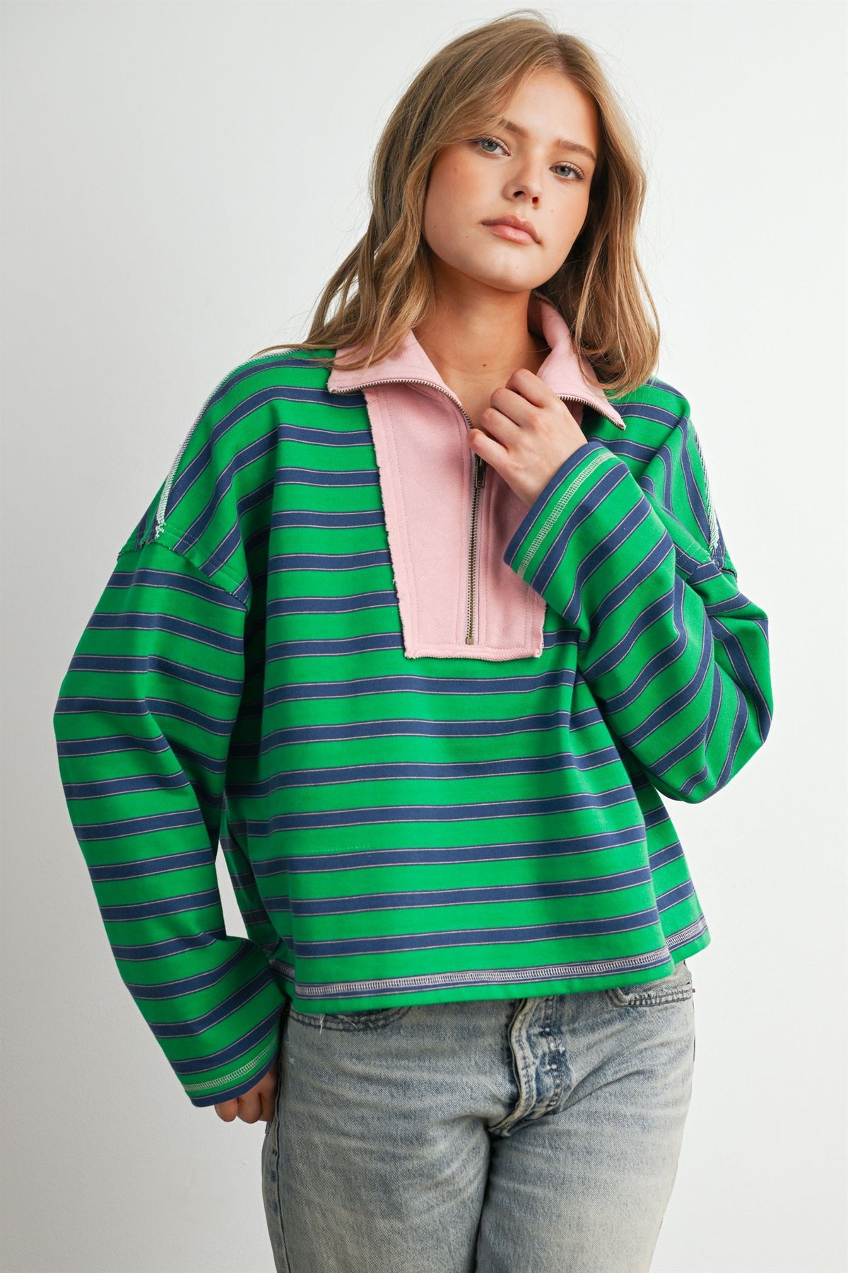 Striped Half Zip Contrast Collar Sweatshirt