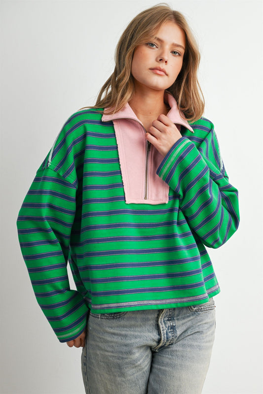 Striped Half Zip Contrast Collar Sweatshirt