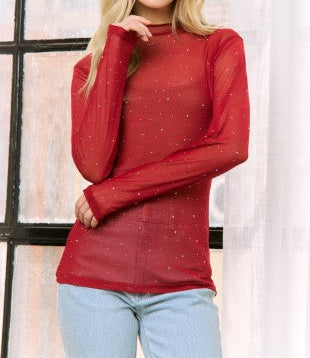 Sheer Rhinestone Mesh High Neck Top - Brazos Avenue Market 