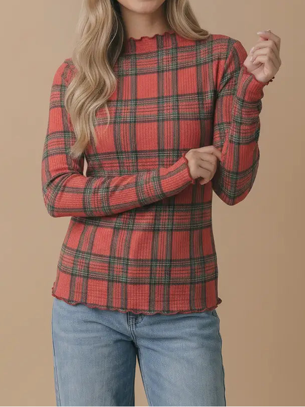 Plaid Mock Neck Frilled Merrow Hem Top