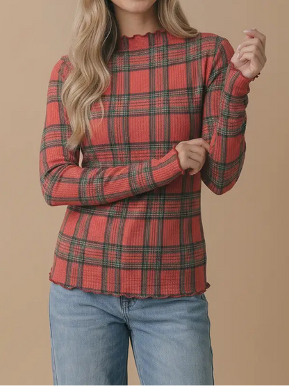 Plaid Mock Neck Frilled Merrow Hem Top