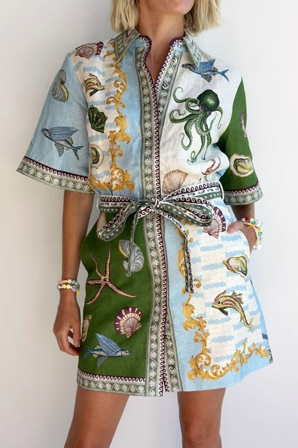 Printed Linen Mini Shirt Dress